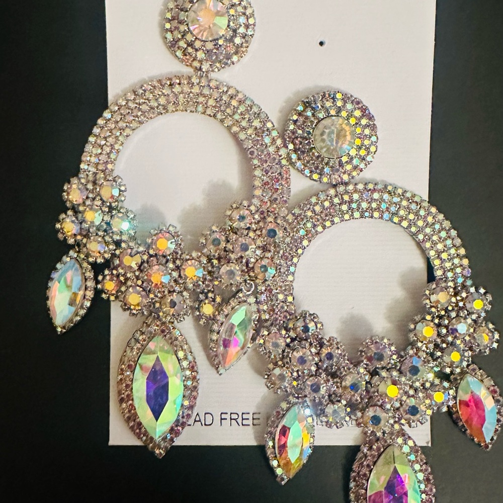 Silver and White Crystal Hoop Earrings with Iridescent Accents